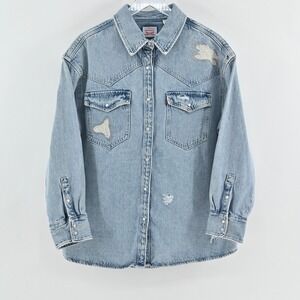 LEVIS Womens Dylan Relaxed Western‎ Shirt 1X Pearl Snap Distressed Denim Shacket